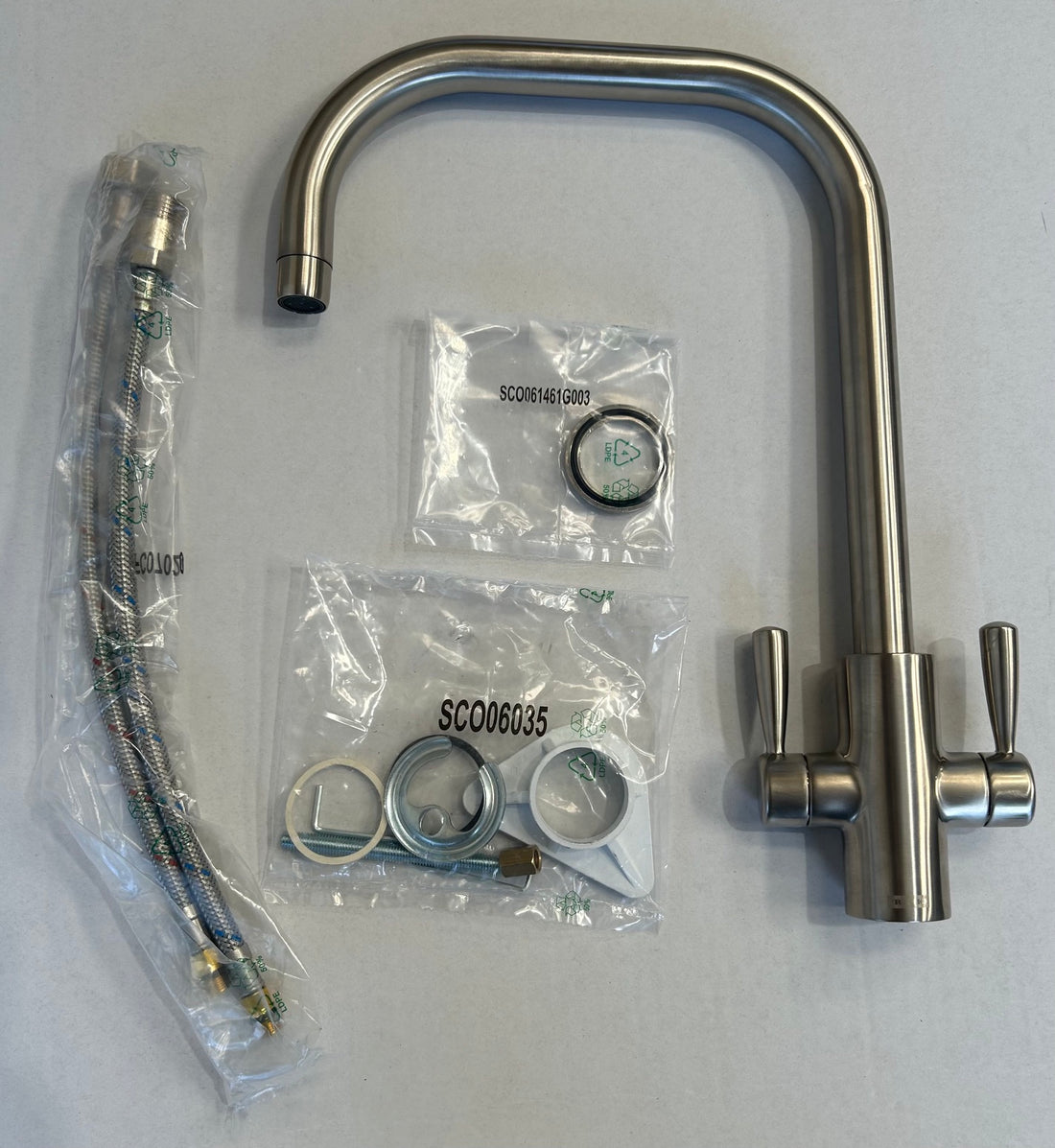Franke Ascona Silk Steel U Spout Kitchen Tap Twin Lever Swivel Mixer - GRADED