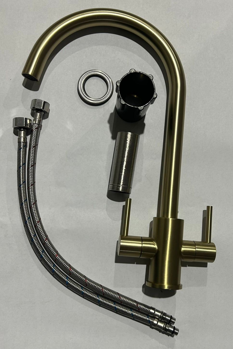 Liquida AD399BR Brushed Brass Swan Neck Twin Lever Kitchen Tap - GRADED