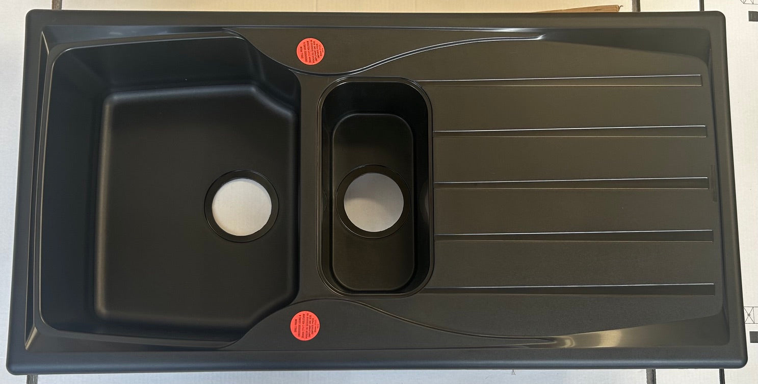Liquida CMP15BL 1.5 Bowl Reversible Black Kitchen Sink And Waste Kit - GRADED
