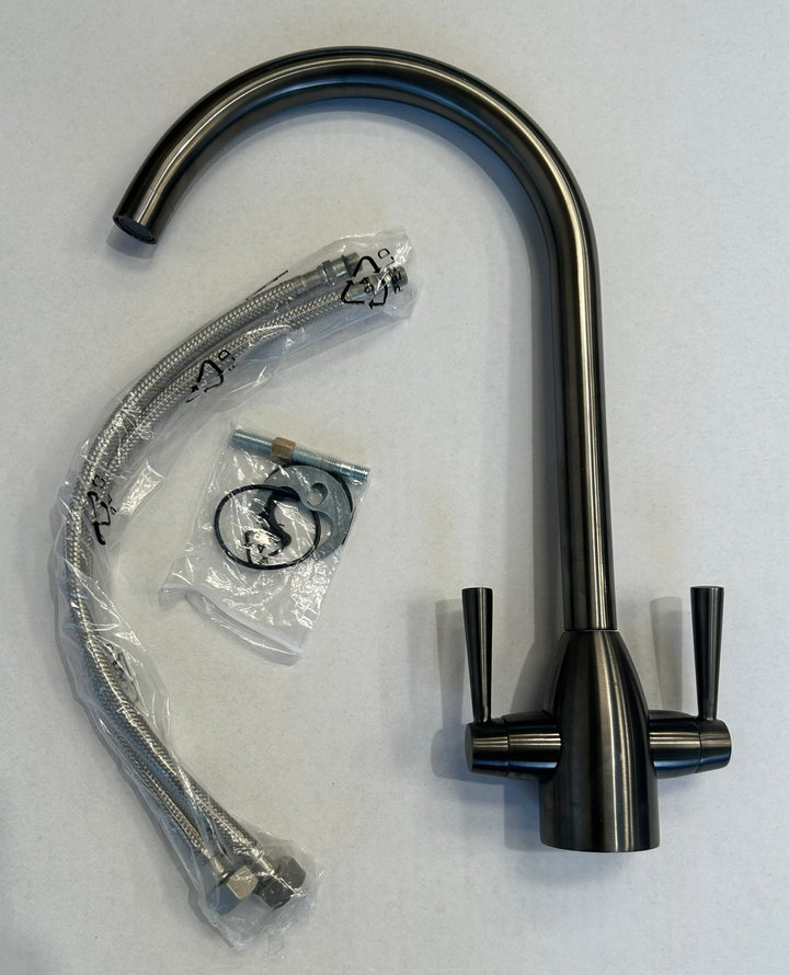 Liquida W05GM Gun Metal Grey Swan Neck Twin Lever Kitchen Mixer Tap - GRADED