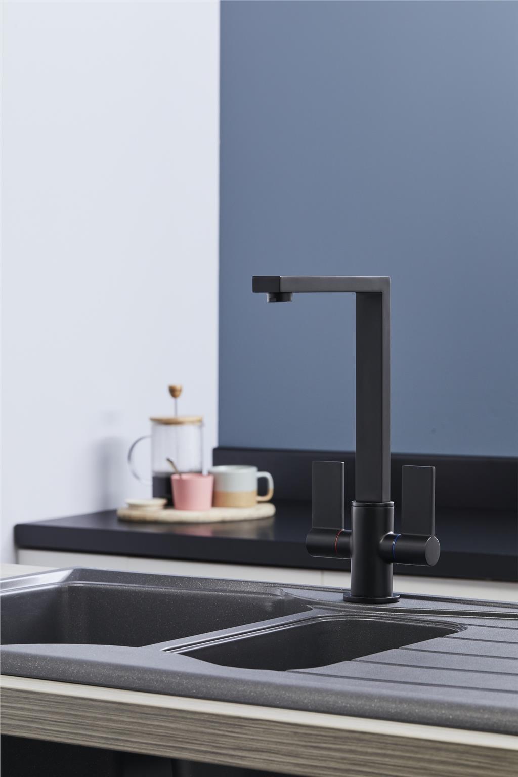 Liquida W17BL Twin Lever 360 Degree Swivel Spout Black Kitchen Mixer Tap