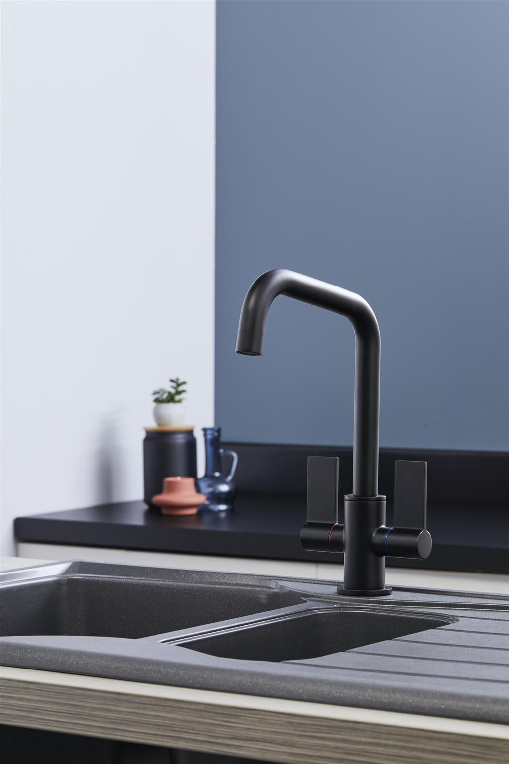 Liquida W18BL Black Twin Lever D Shape 360 Swivel Spout Kitchen Mixer Tap