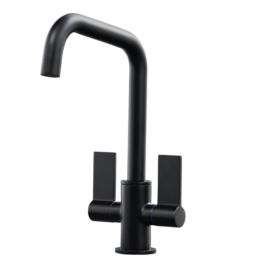 Liquida W18BL Black Twin Lever D Shape 360 Swivel Spout Kitchen Mixer Tap